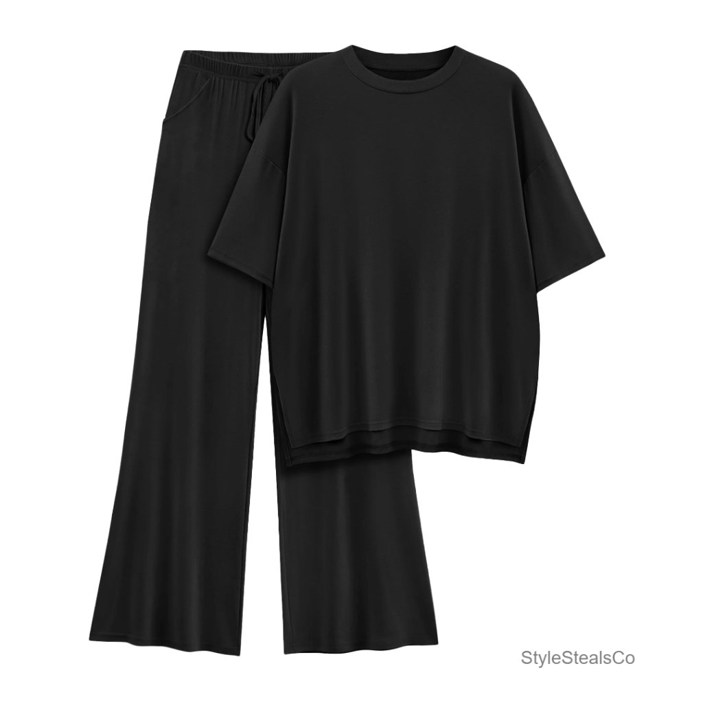 Oversized Lounge Set With Wide Leg Pants & Pockets, Rayon Blend